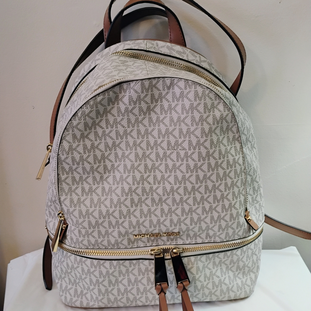Michael Kors Cream and Brown Signature MK Backpack